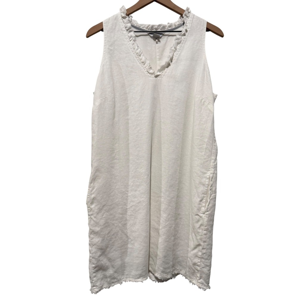 Tommy Bahama Two Palms Linen Dress M White Ruffle Frayed V-Neck Coastal Resort